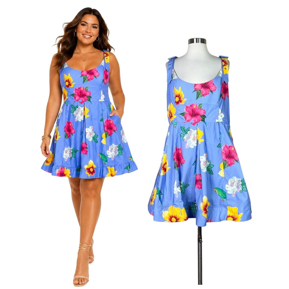 Anthropologie | Maeve Floral Blue Hawaiian Hibiscus Cotton Pockets Mini Dress XL